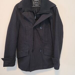 Buffalo David Bitton Wool Peacoat; Mens Small Black Double Breasted Luxury